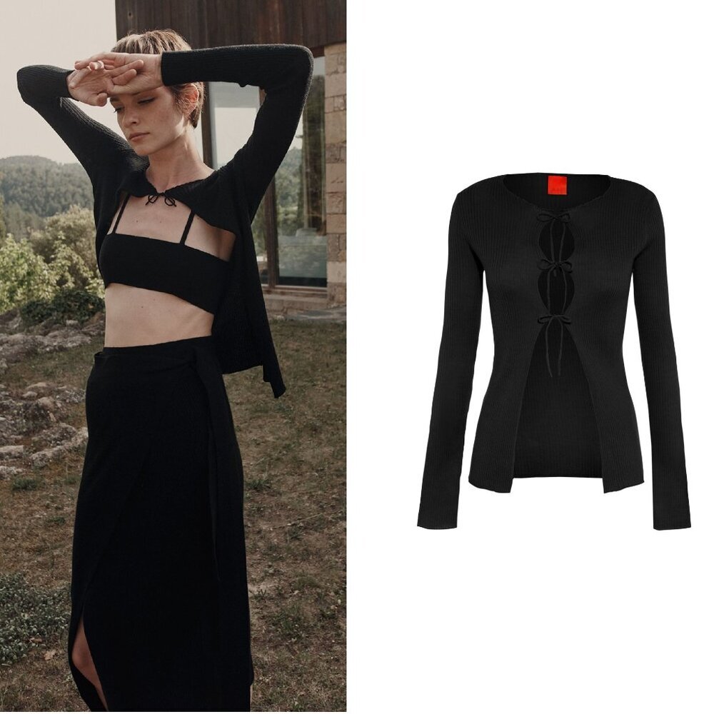 Cashmere in Love Elen Tie Front Cashmere Wool Cardigan in Black Small